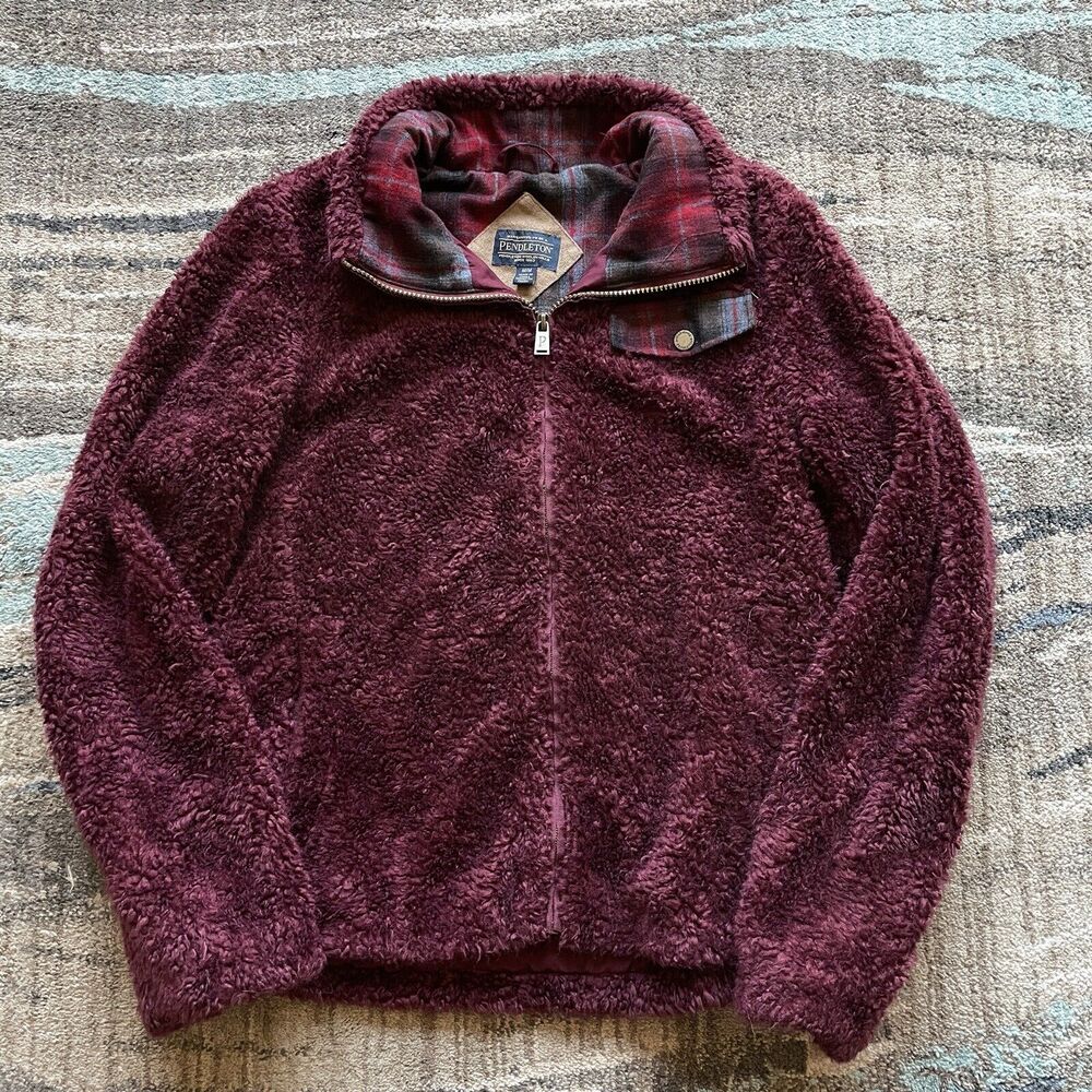 Women’s Pendleton Burgundy Deep Pile Fleece Sherpa Snap T Jacket Sweatshirt Sz M